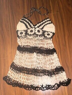 Vintage Handmade Cuban Crochet Halter Mini-Dress Beach Cover-Up, B&W, O/S